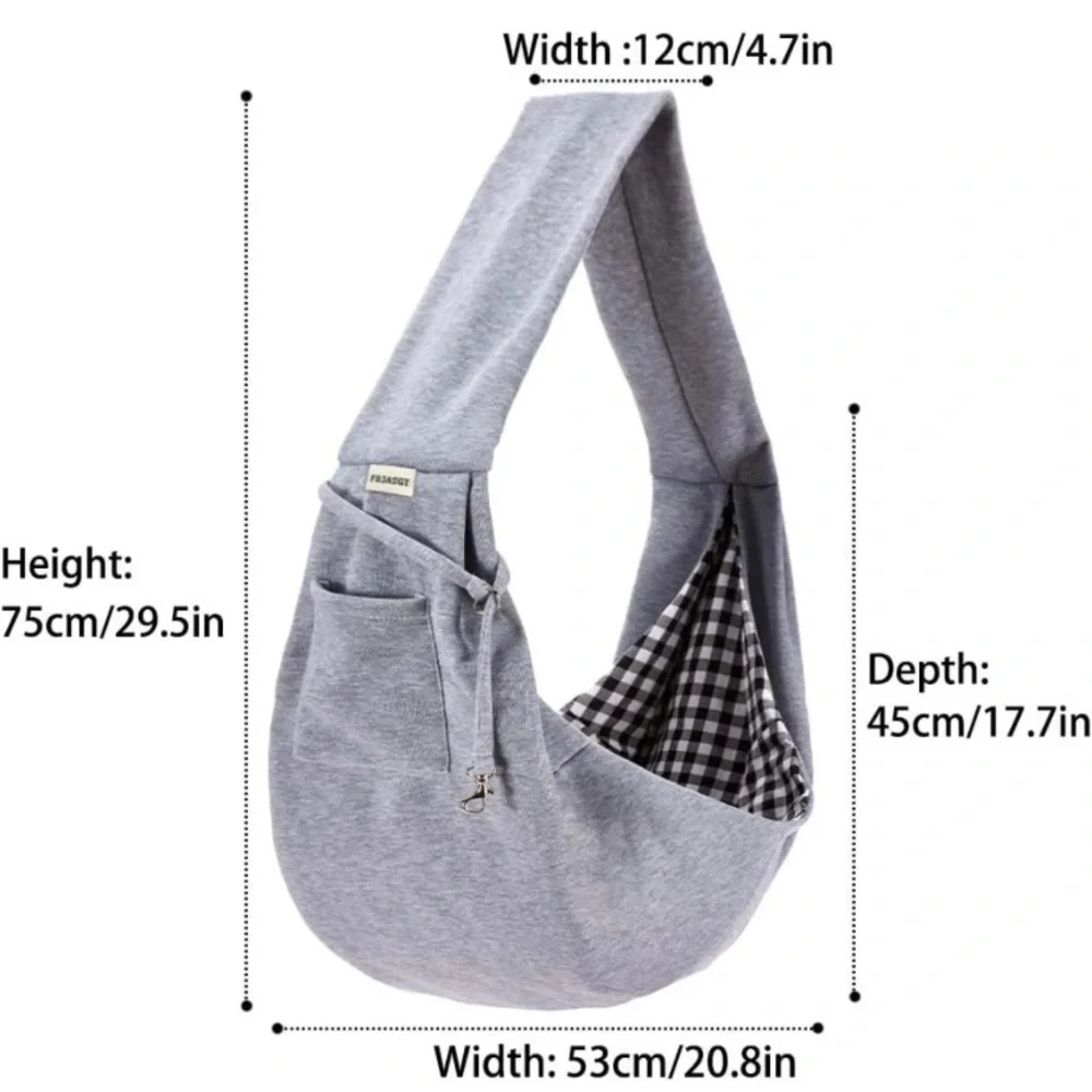 Small reversible sling pet carrier with safety strap with pocket